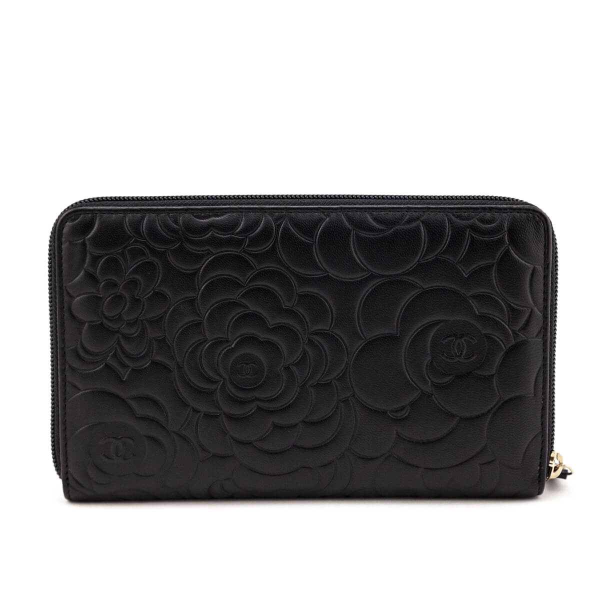 Chanel Black Camellia Embossed Lambskin Long Zip Wallet