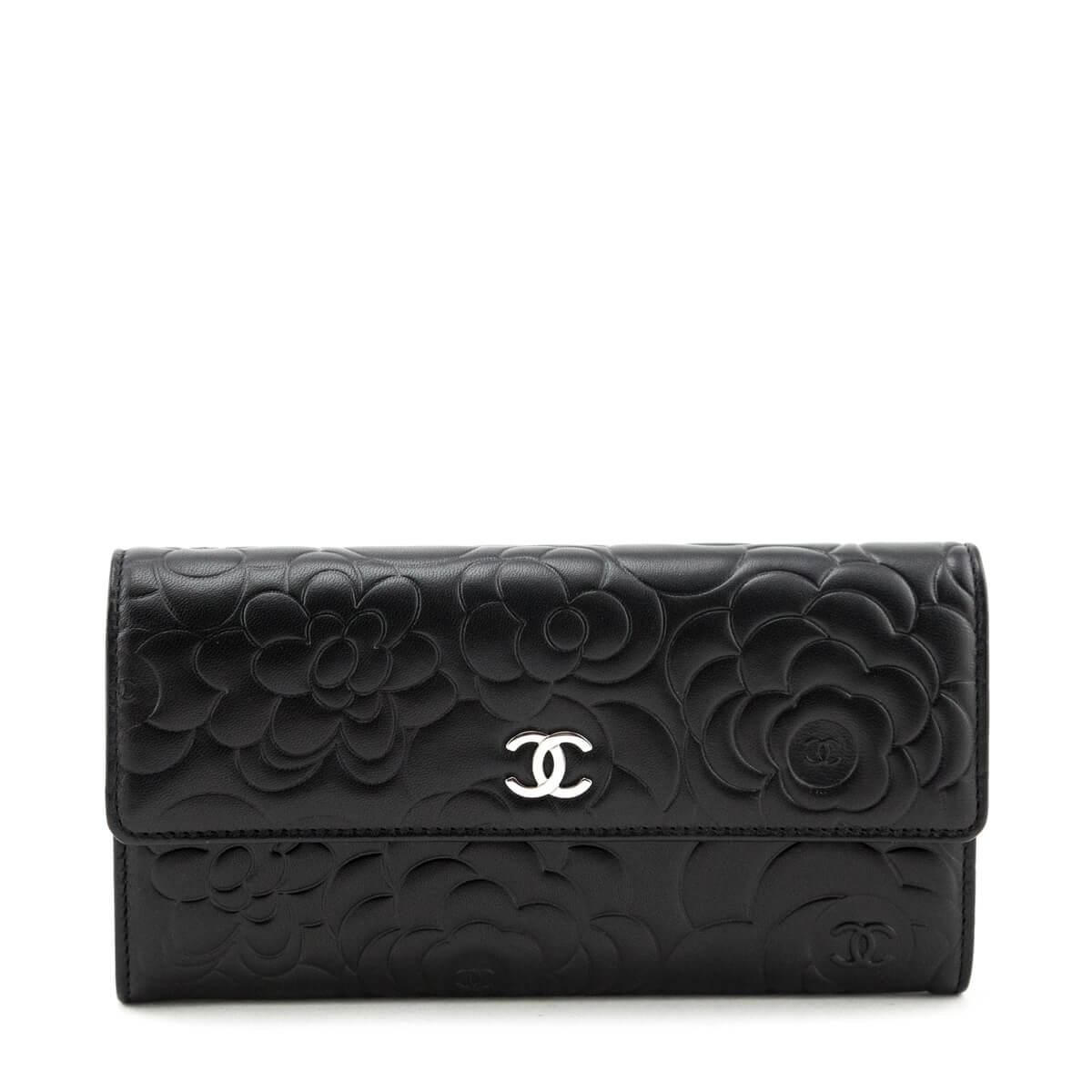 Chanel Black Camellia Embossed Long Flap Wallet