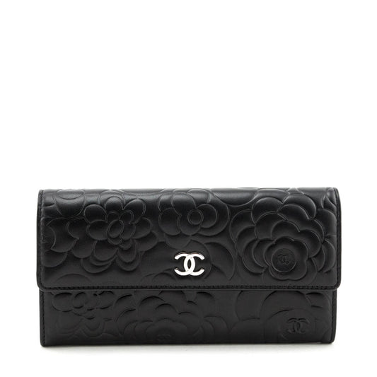 Chanel Black Camellia Embossed Long Flap Wallet