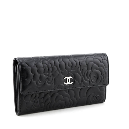 Chanel Black Camellia Embossed Long Flap Wallet