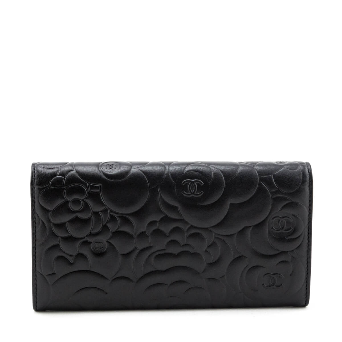 Chanel Black Camellia Embossed Long Flap Wallet