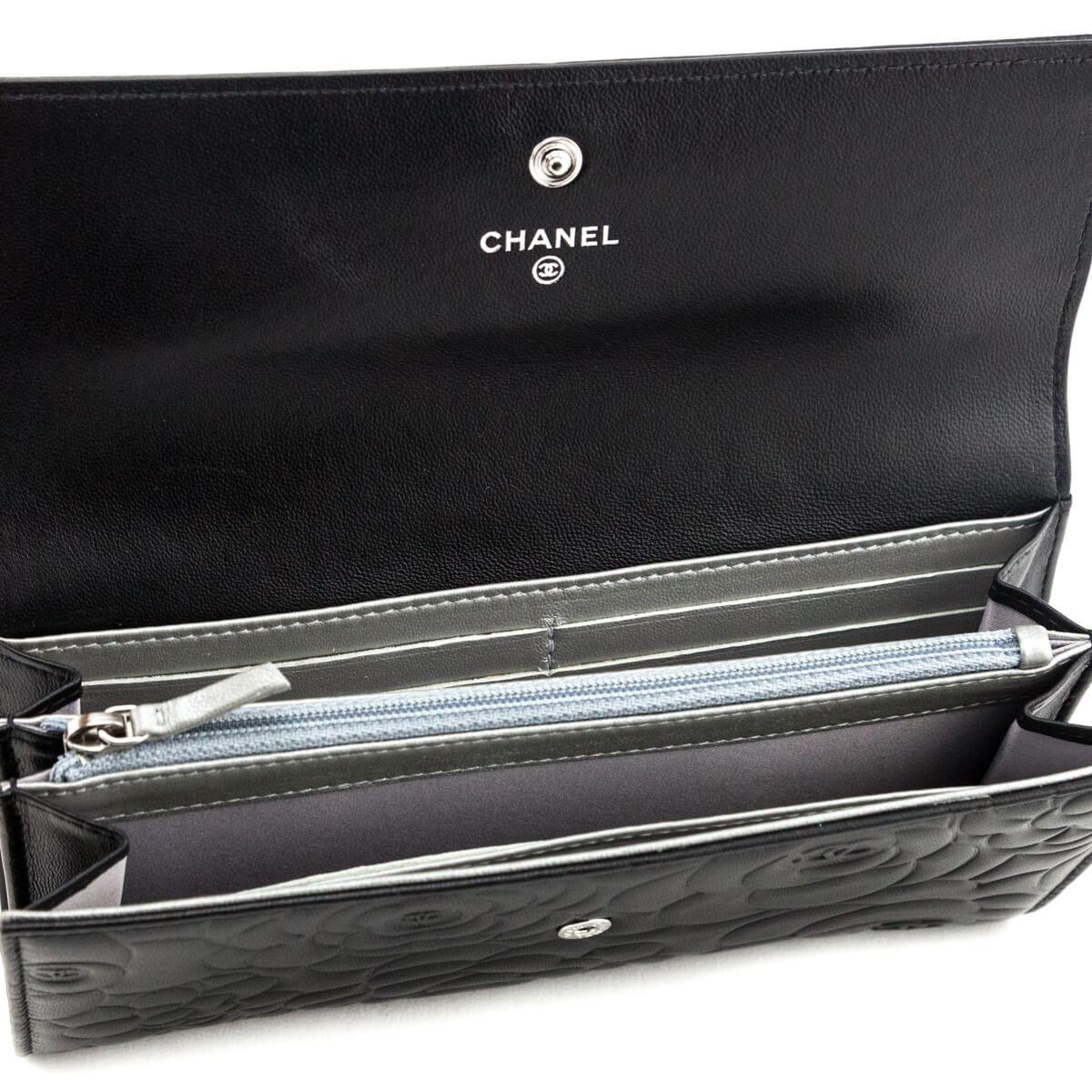Chanel Black Camellia Embossed Long Flap Wallet