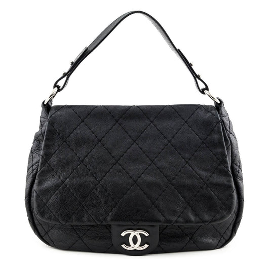 Chanel Black Glazed Calfskin Stitched XL On The Road Flap
