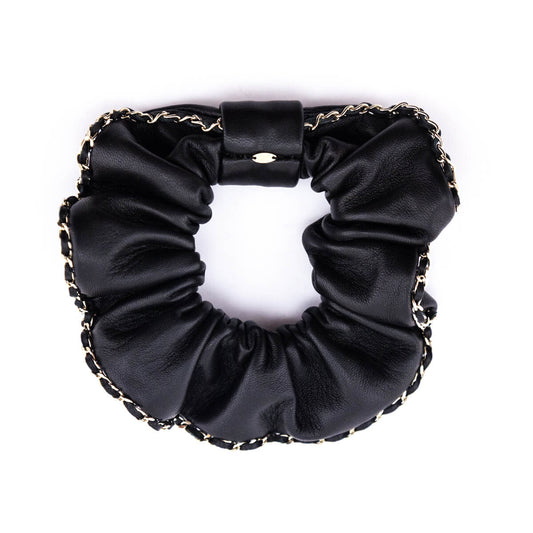 Chanel Black Leather & Chain CC Scrunchie