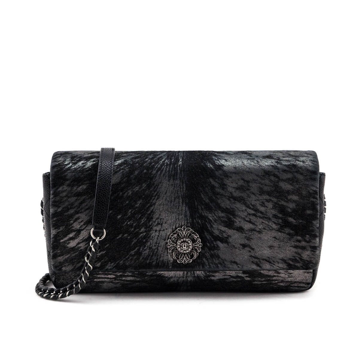 Chanel Black & Silver Metallic Velvet & Quilted Caviar Flap Bag