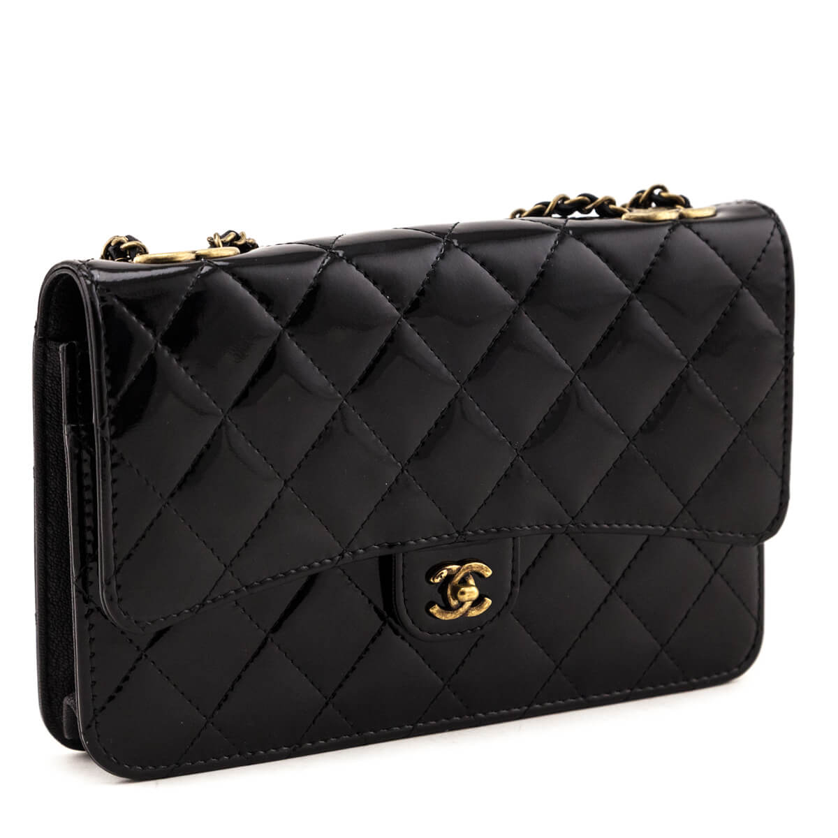 Chanel Black Patent Quilted CC Eyelet Wallet on Chain