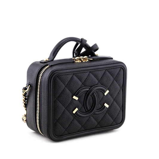 Chanel Black Quilted Caviar Small Filigree CC Vanity Case
