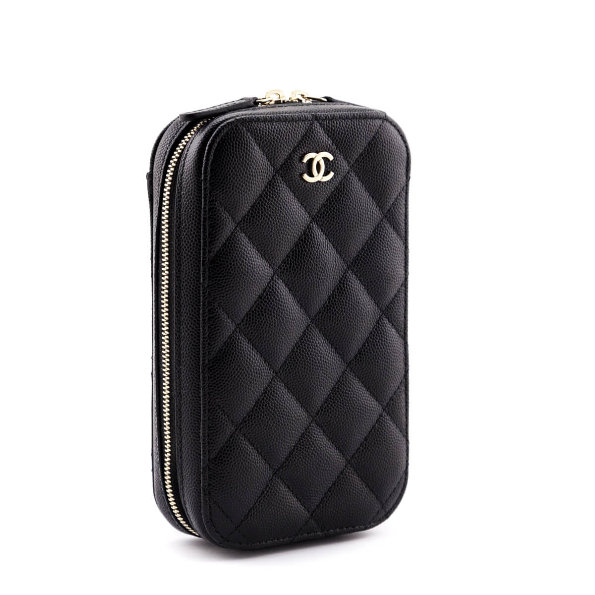 Chanel Black Quilted Caviar Zip Around Chain Phone Case