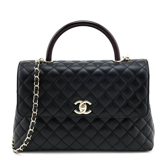 Chanel Black Quilted Caviar & Lizard Medium Coco Handle Flap Bag
