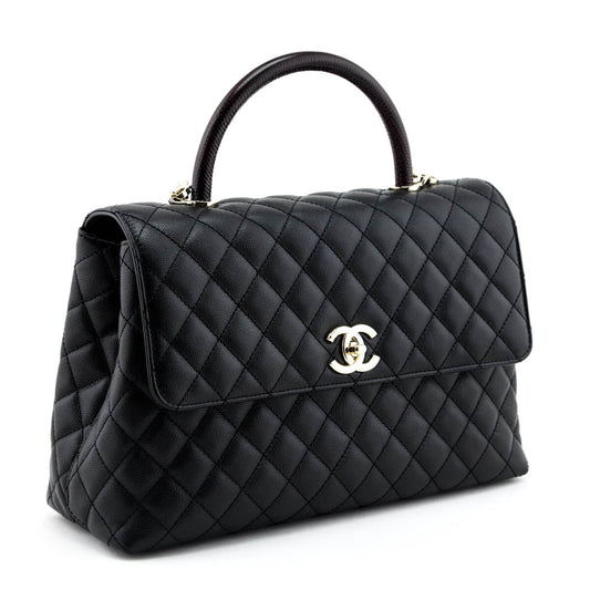 Chanel Black Quilted Caviar & Lizard Medium Coco Handle Flap Bag