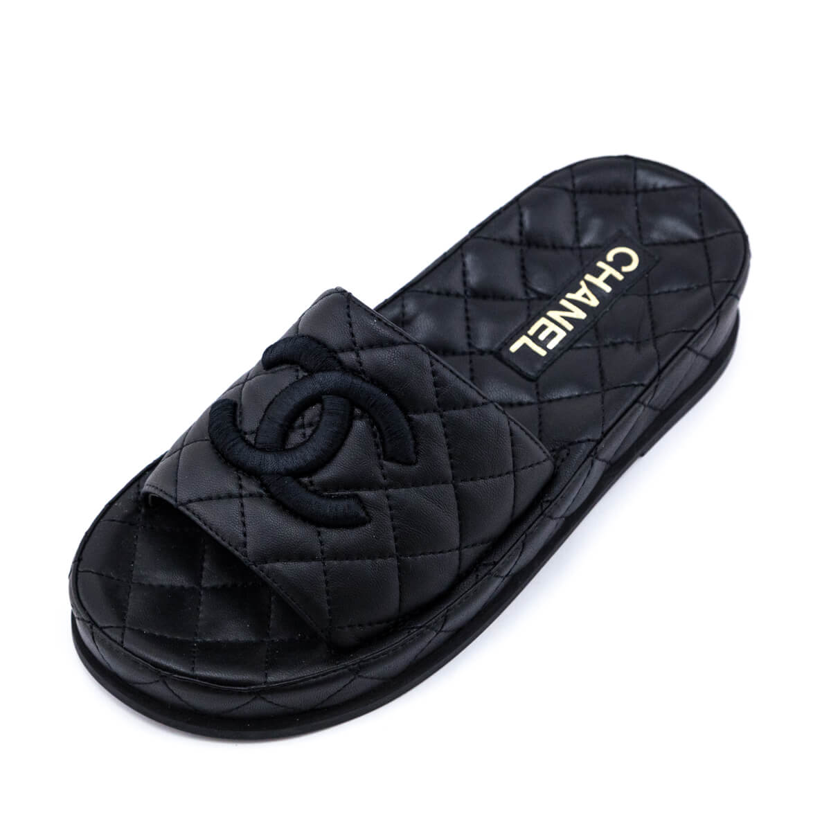 Chanel Black Quilted Lambskin CC Slides Size US 6 | EU 36