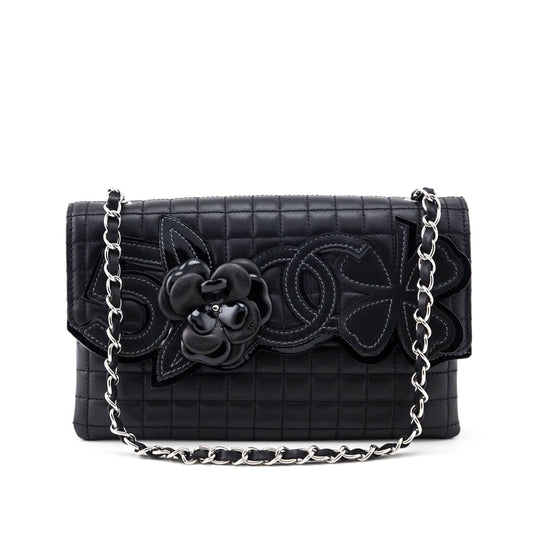 Chanel Black Quilted Lambskin Chocolate Bar Camellia No. 5 Pochette