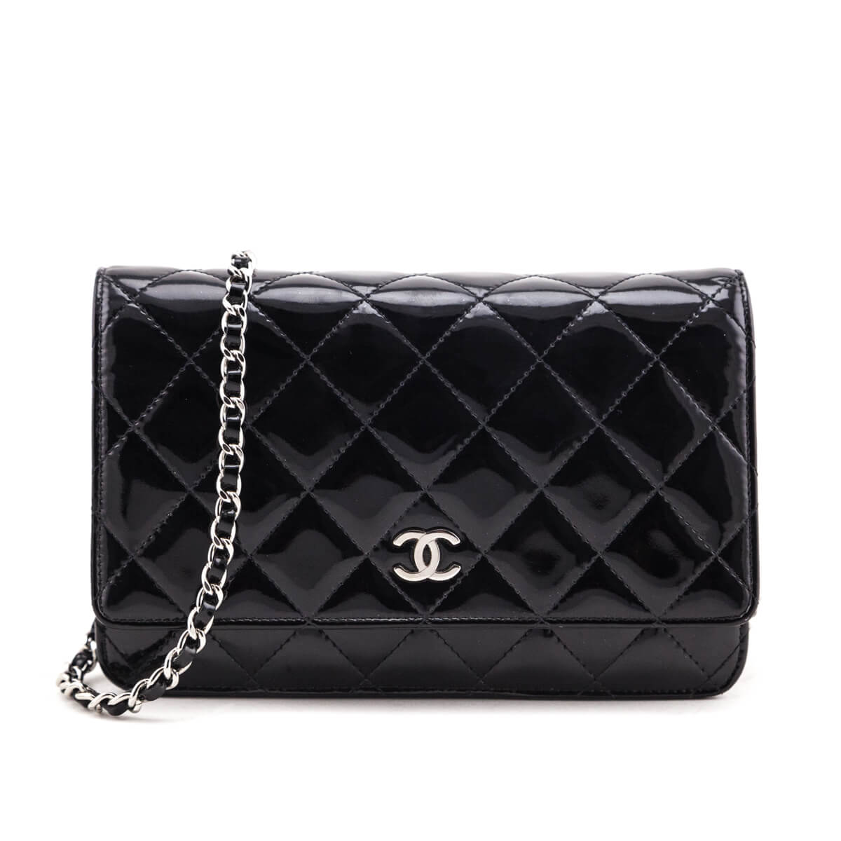 Chanel Black Quilted Patent Wallet On Chain
