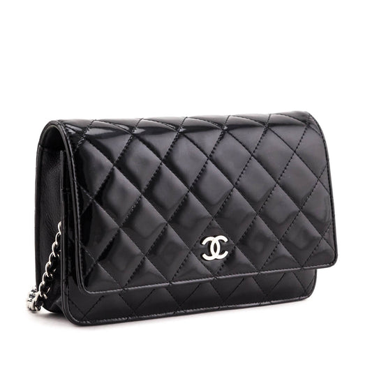 Chanel Black Quilted Patent Wallet On Chain