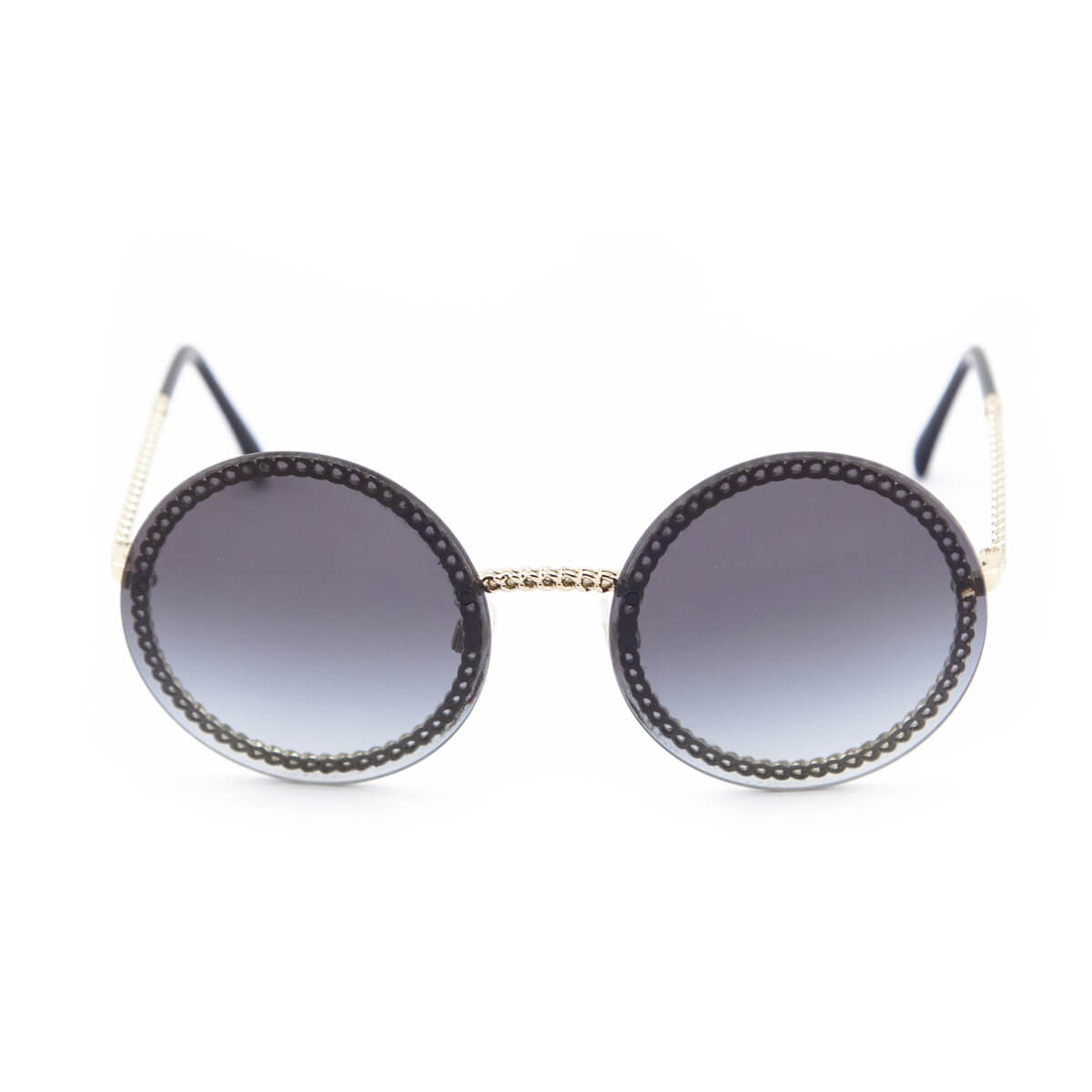 Chanel Black Round Chain-Link Accented Sunglasses with Chain