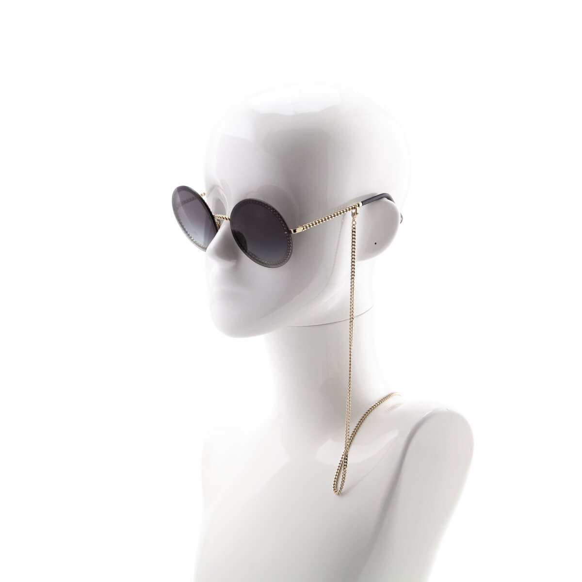 Chanel Black Round Chain-Link Accented Sunglasses with Chain