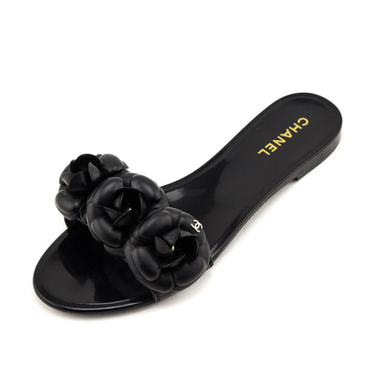 Chanel Black Rubber Camellia Slide Sandals Size US 10 | EU 40