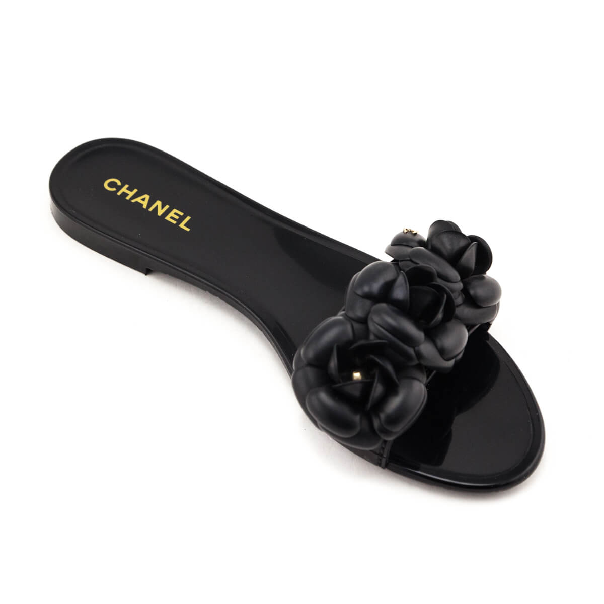 Chanel Black Rubber Camellia Slide Sandals Size US 10 | EU 40