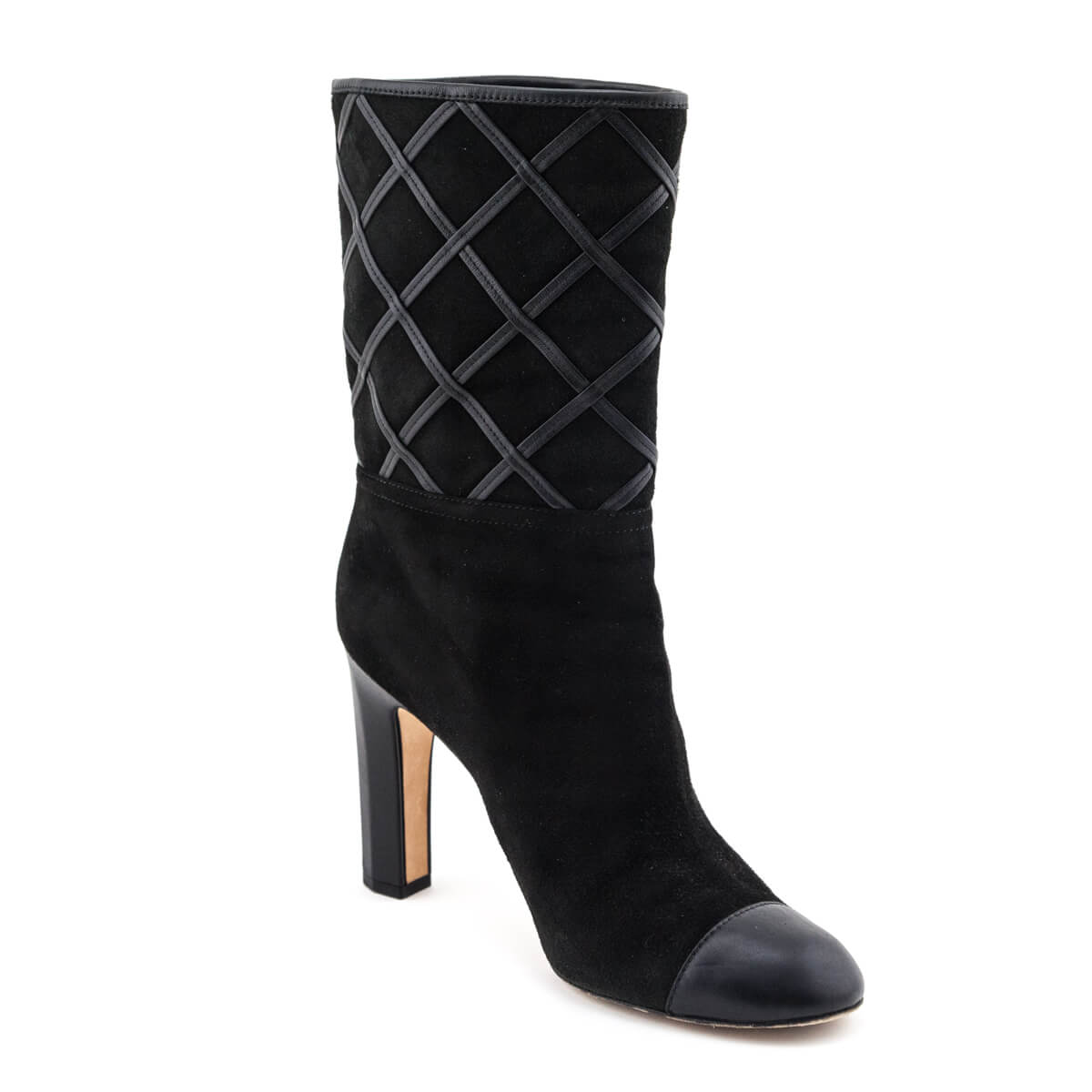 Chanel Black Suede & Leather Diamond Stitch Mid-Calf CC Boots Size US 8.5 | EU 38.5