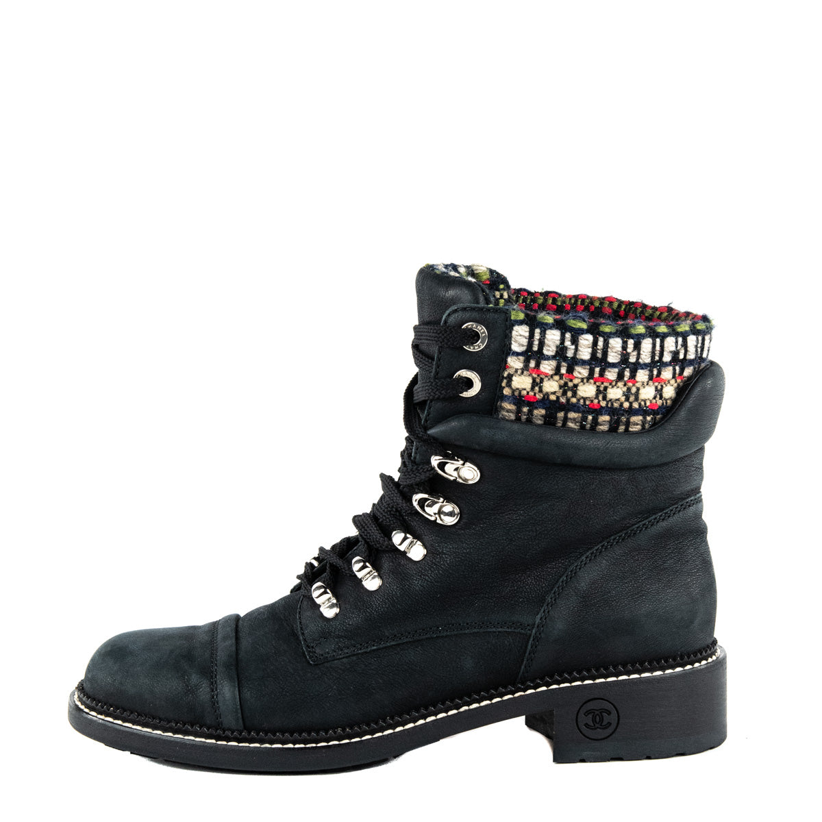 Chanel Black Tweed Lace-Up Combat Boots Size US 11 | EU 41
