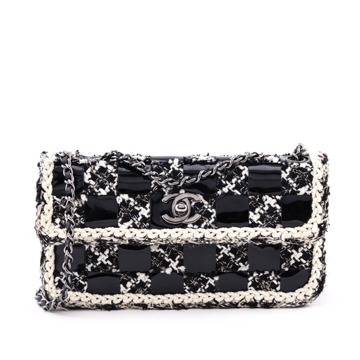 Chanel Black & Cream Tweed & Patent Check Mini Flap Bag