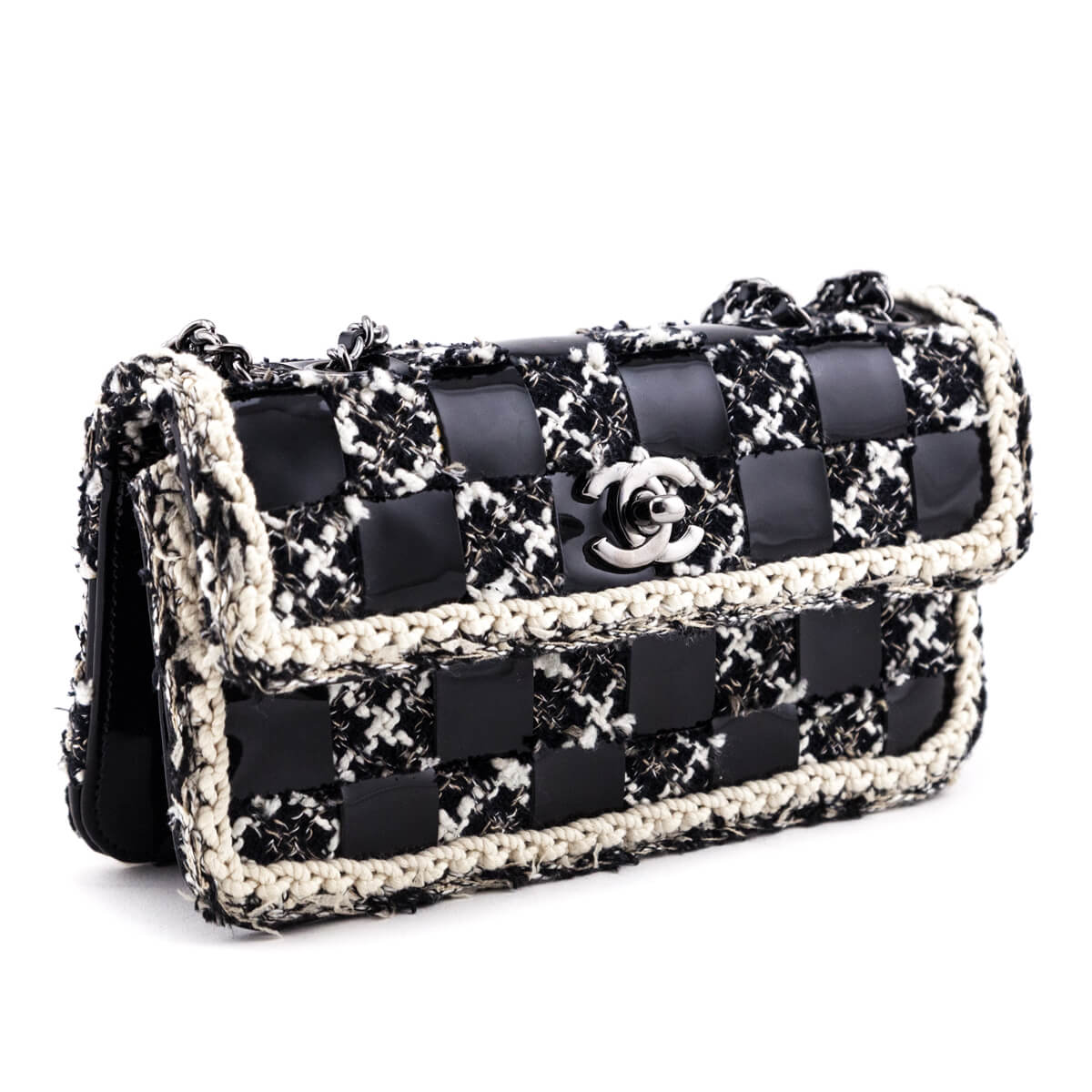 Chanel Black & Cream Tweed & Patent Check Mini Flap Bag
