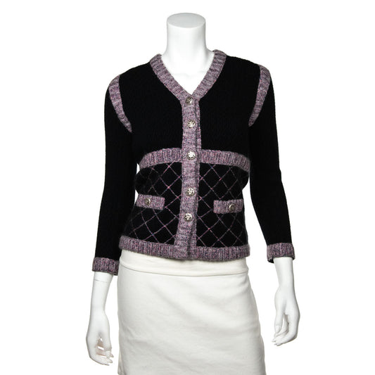 Chanel Black & Pink Silk & Cashmere Blend Brasserie Gabrielle Diamond Cardigan XXS | FR 34