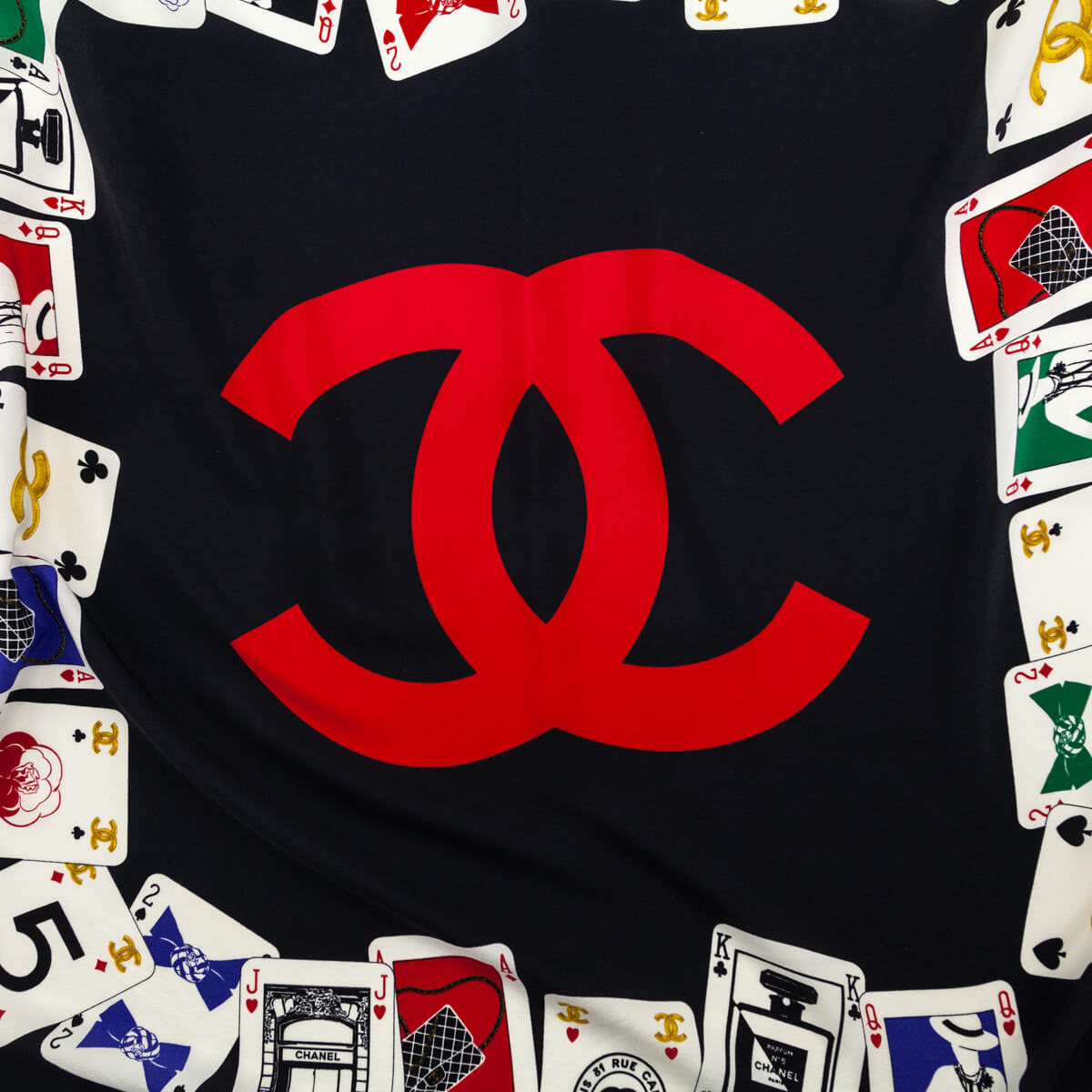 Chanel Black & Red CC Logo Symbol Cards Scarf