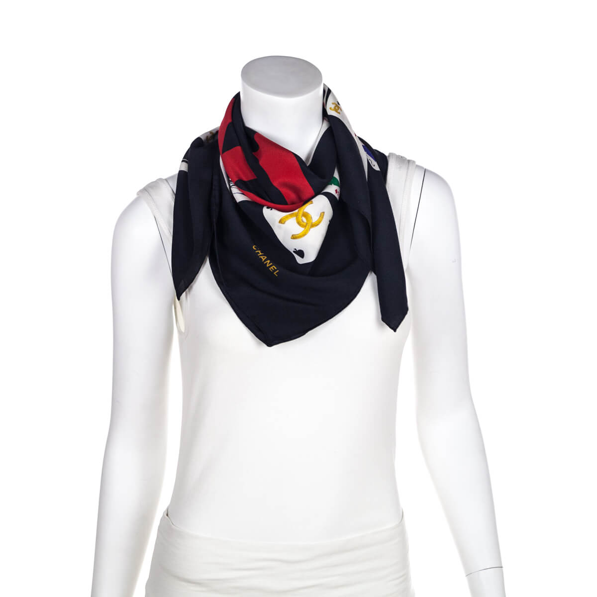 Chanel Black & Red CC Logo Symbol Cards Scarf
