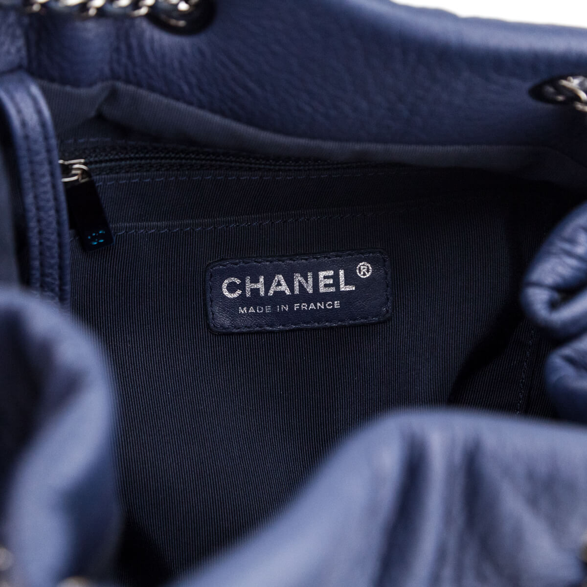 Chanel Blue Quilted Deerskin Chevron Medium Chain Bucket Bag