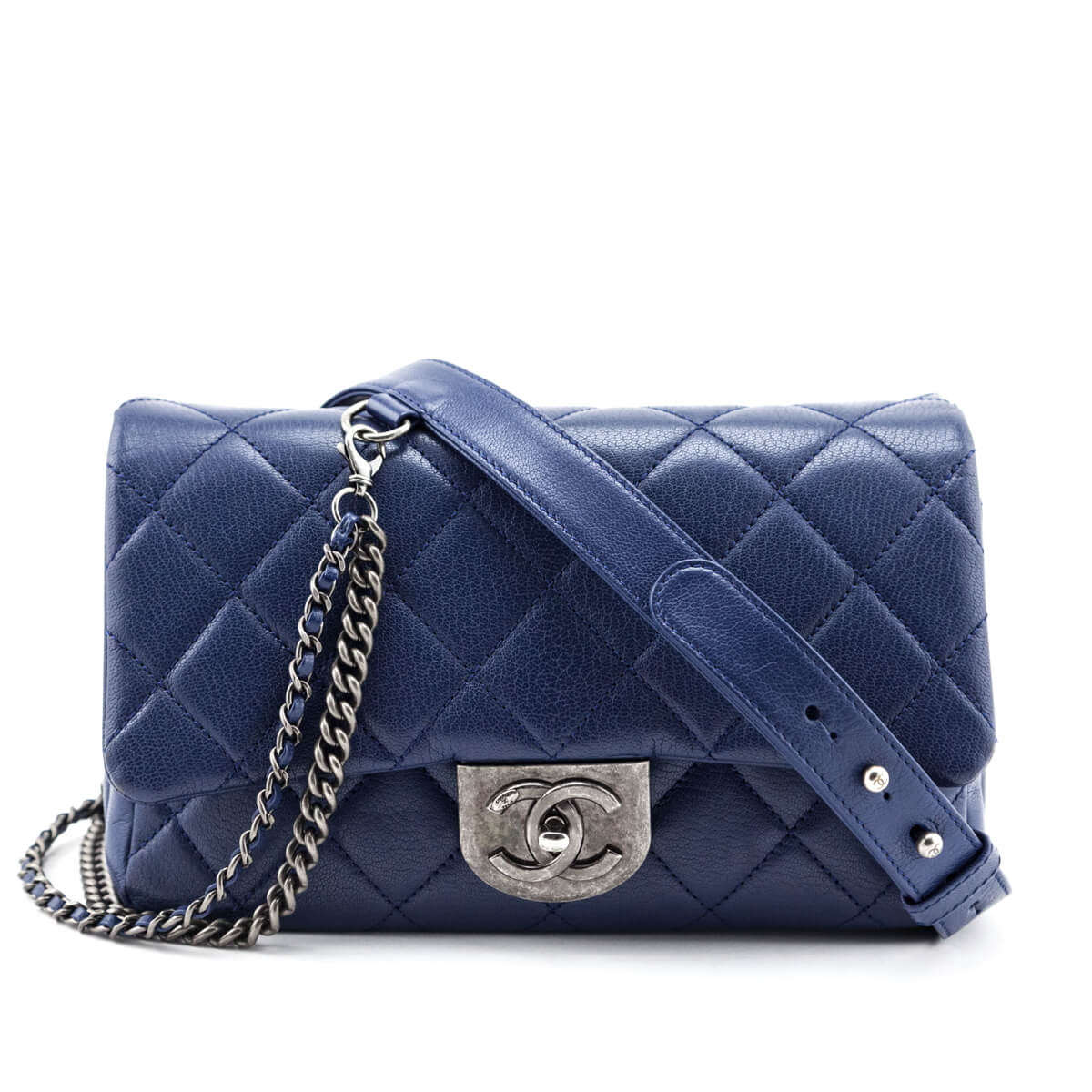 Chanel Blue Quilted Shiny Goatskin Small Double Carry Flap Bag
