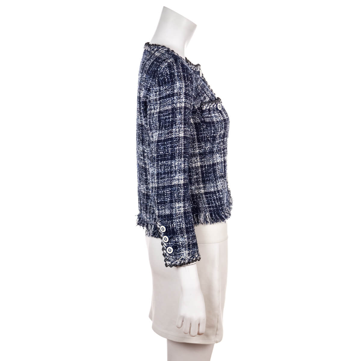 Chanel Blue Tweed Collarless Jacket Size XS | FR 36