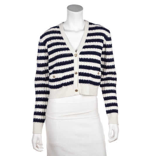 Chanel Blue & White Striped Cashmere Cardigan Size M | FR 40