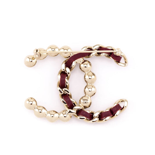 Chanel Faux Pearl & Burgundy Leather CC Brooch