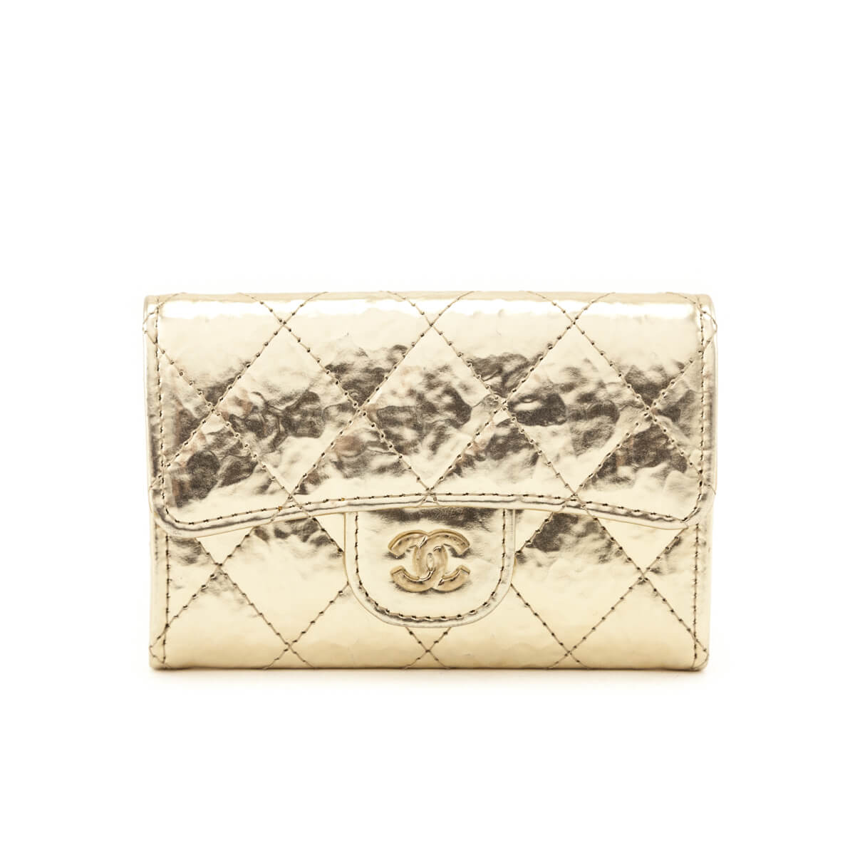 Chanel Gold Metallic Crinkled Flap Card Holder Wallet