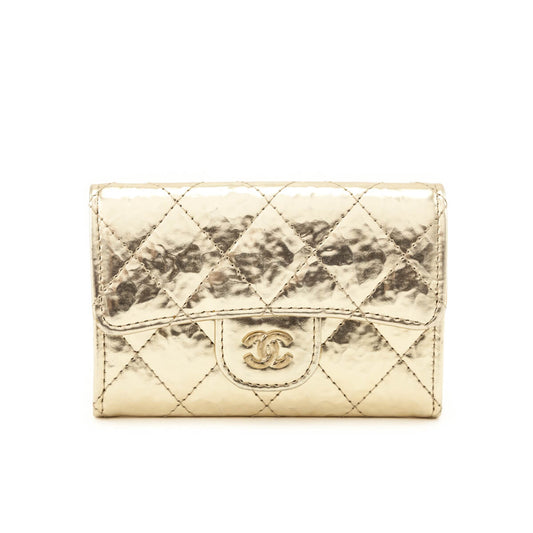 Chanel Gold Metallic Crinkled Flap Card Holder Wallet