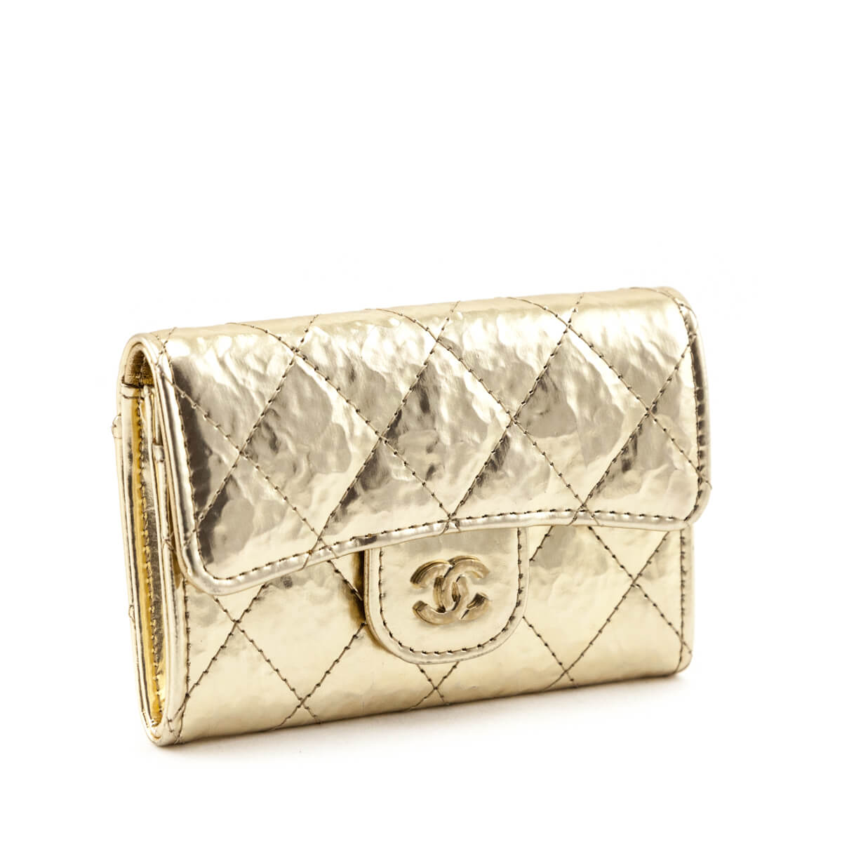 Chanel Gold Metallic Crinkled Flap Card Holder Wallet