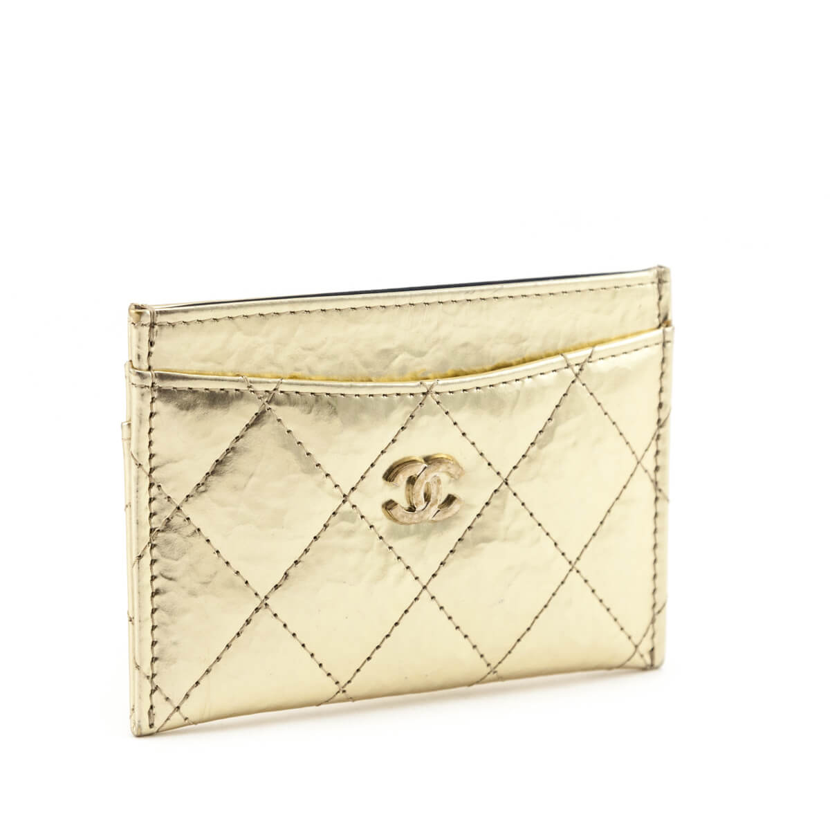 Chanel Gold Metallic Crinkled Quilted Card Holder