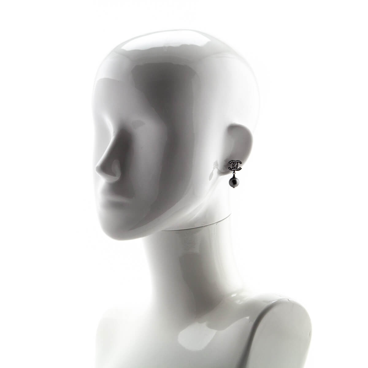 Chanel Gray Faux Pearl & Strass CC Drop Earrings