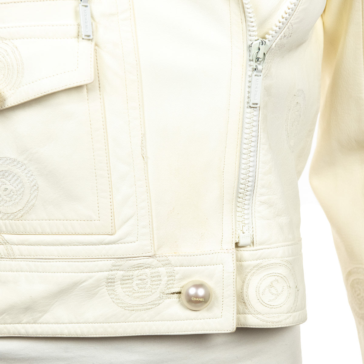 Chanel Ivory Lambskin CC Moto Jacket Size S | FR 38