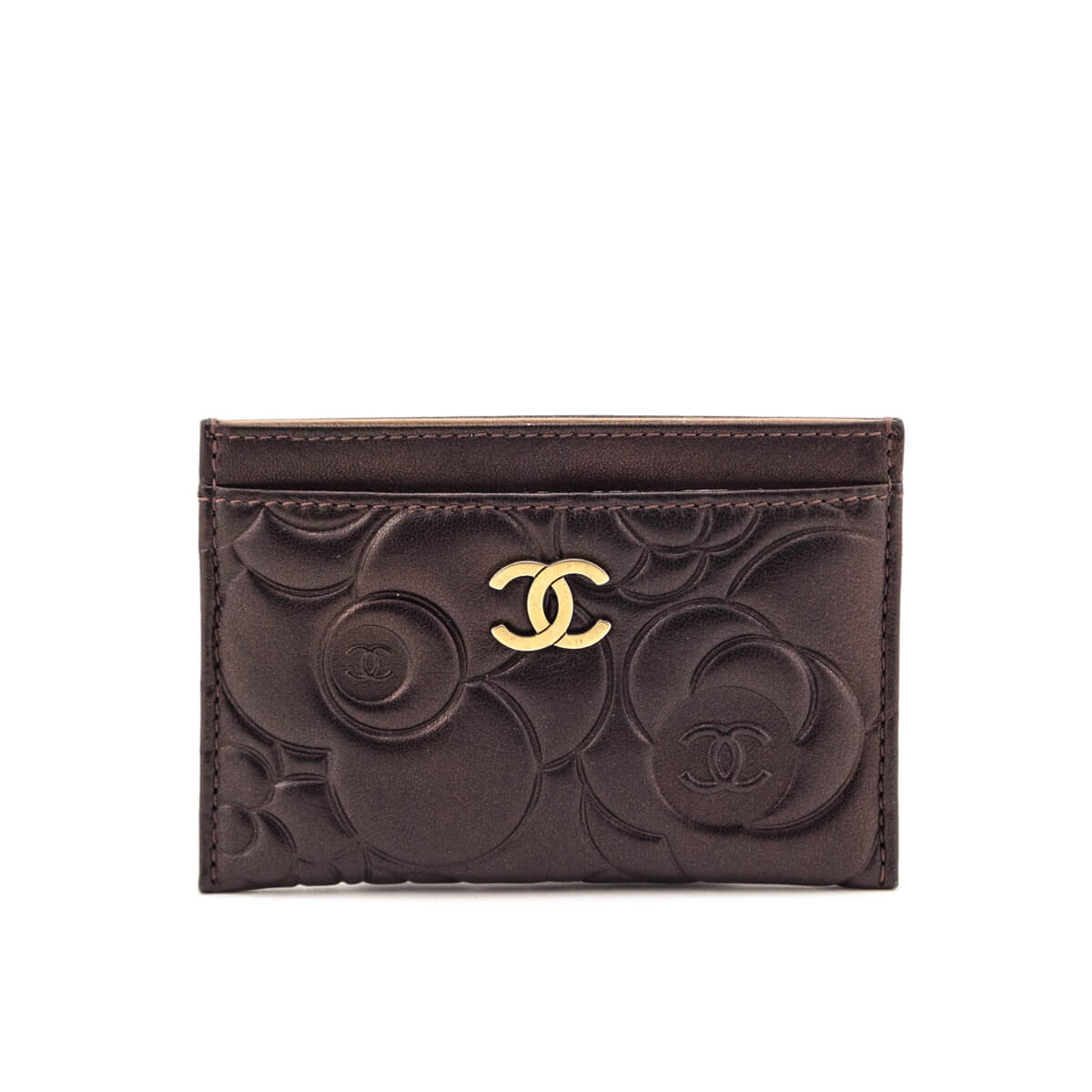 Chanel Metallic Dark Brown Camellia Embossed Lambskin Card Holder