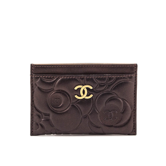 Chanel Metallic Dark Brown Camellia Embossed Lambskin Card Holder