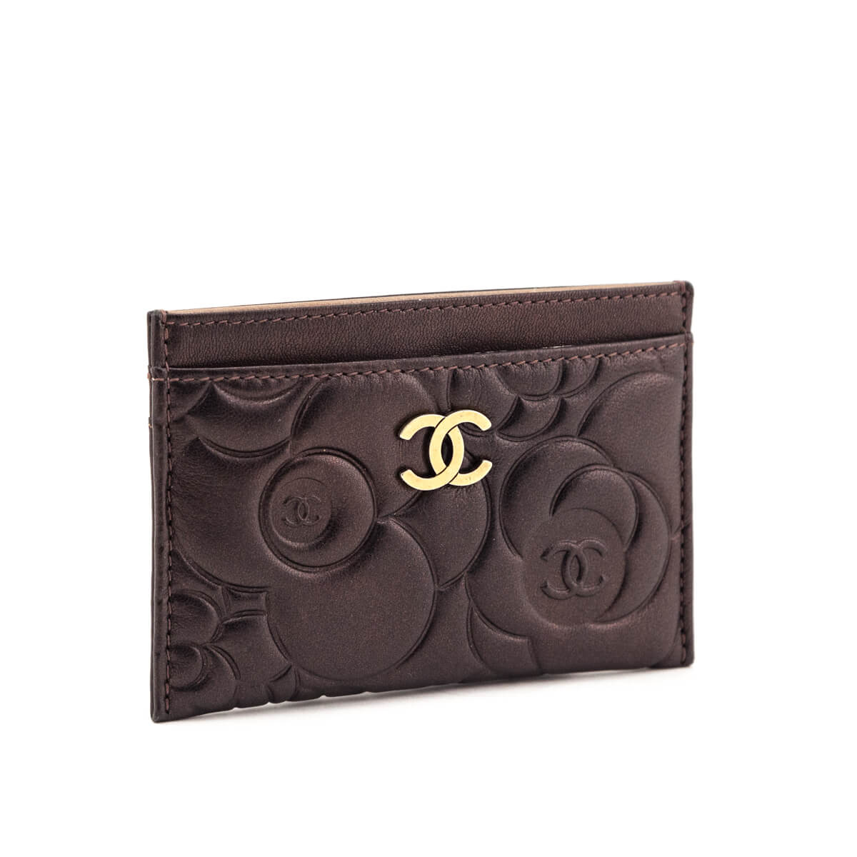 Chanel Metallic Dark Brown Camellia Embossed Lambskin Card Holder