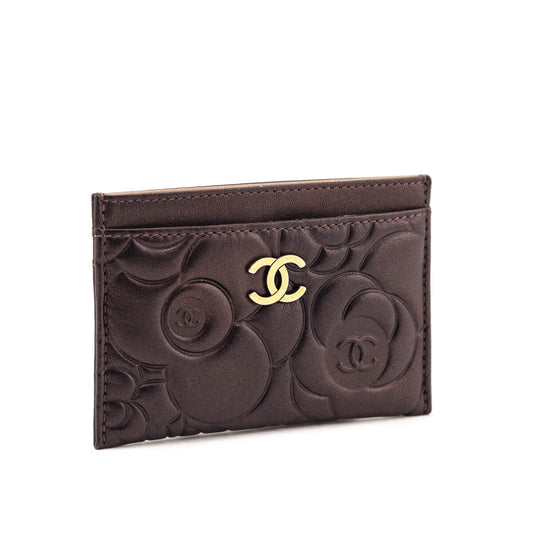 Chanel Metallic Dark Brown Camellia Embossed Lambskin Card Holder