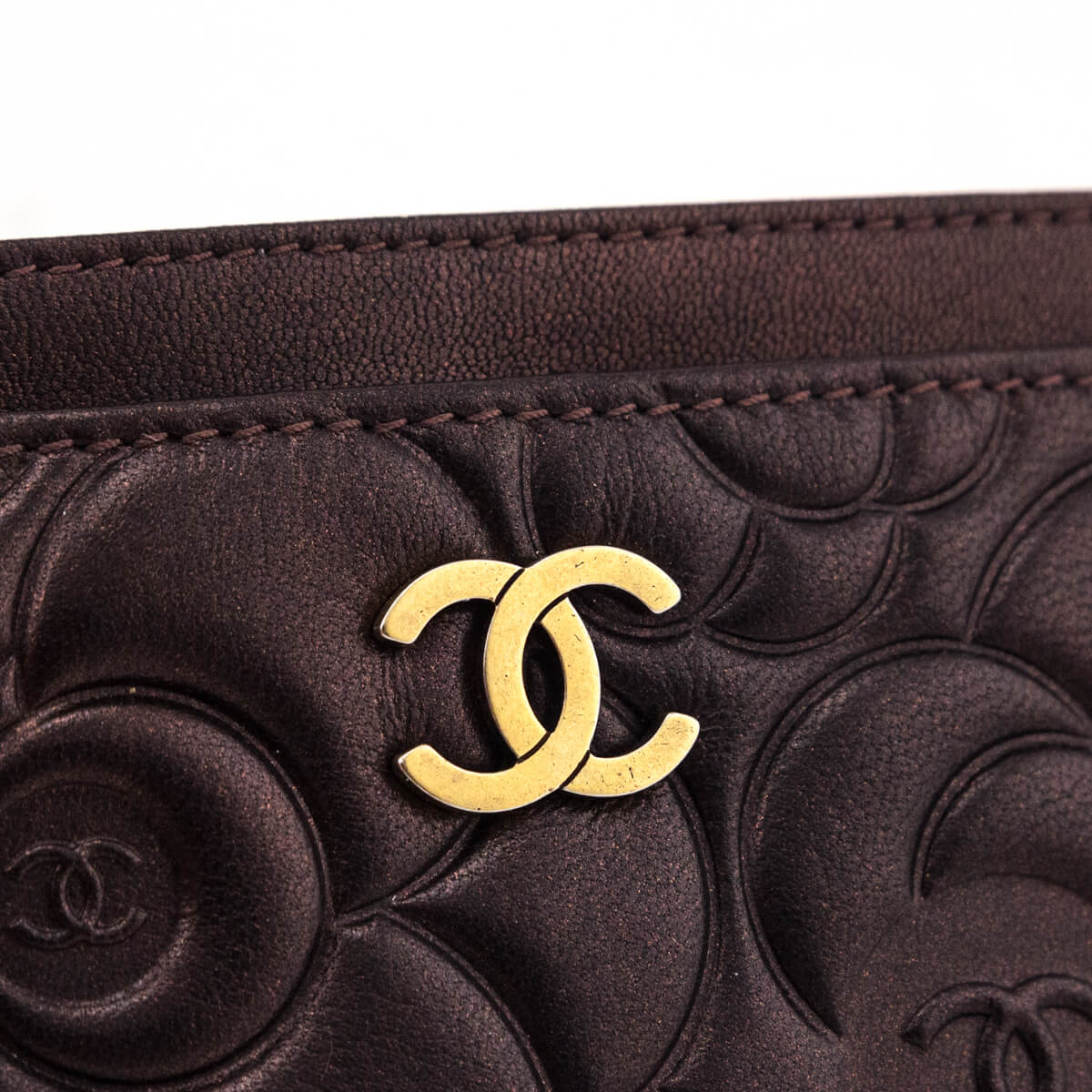 Chanel Metallic Dark Brown Camellia Embossed Lambskin Card Holder