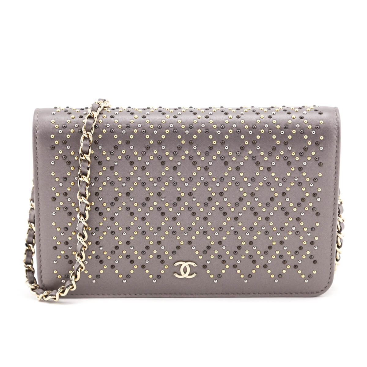 Chanel Metallic Gray Leather Studded Wallet on Chain Bag