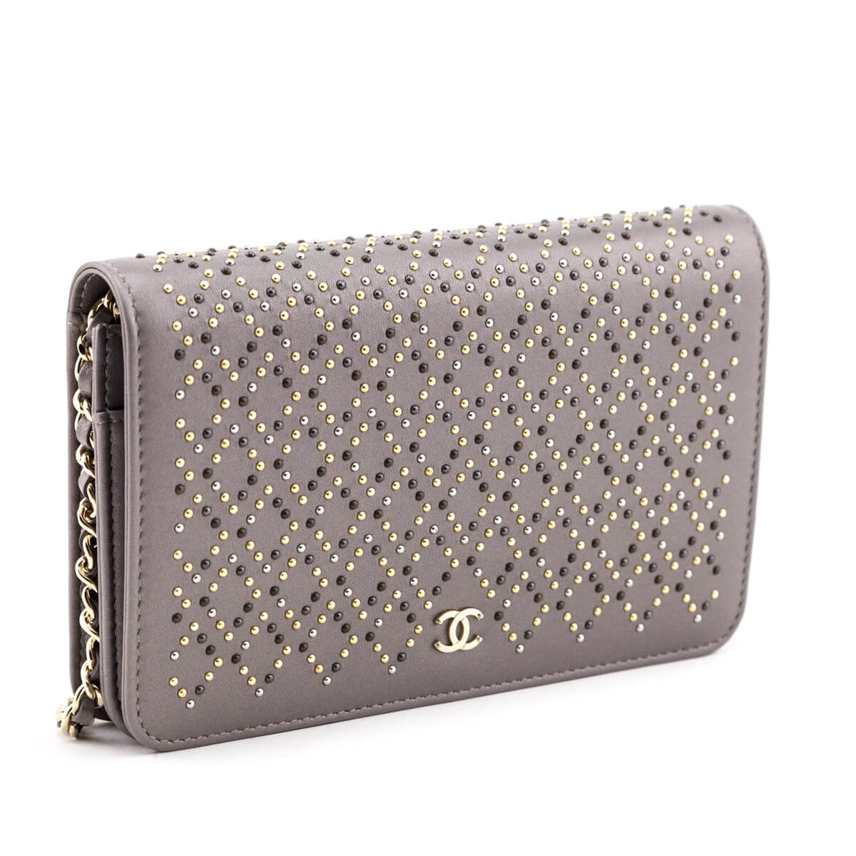 Chanel Metallic Gray Leather Studded Wallet on Chain Bag