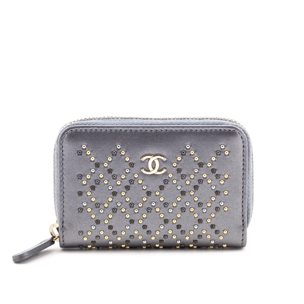 Chanel Metallic Gray Leather Studded Zip Coin Purse Wallet
