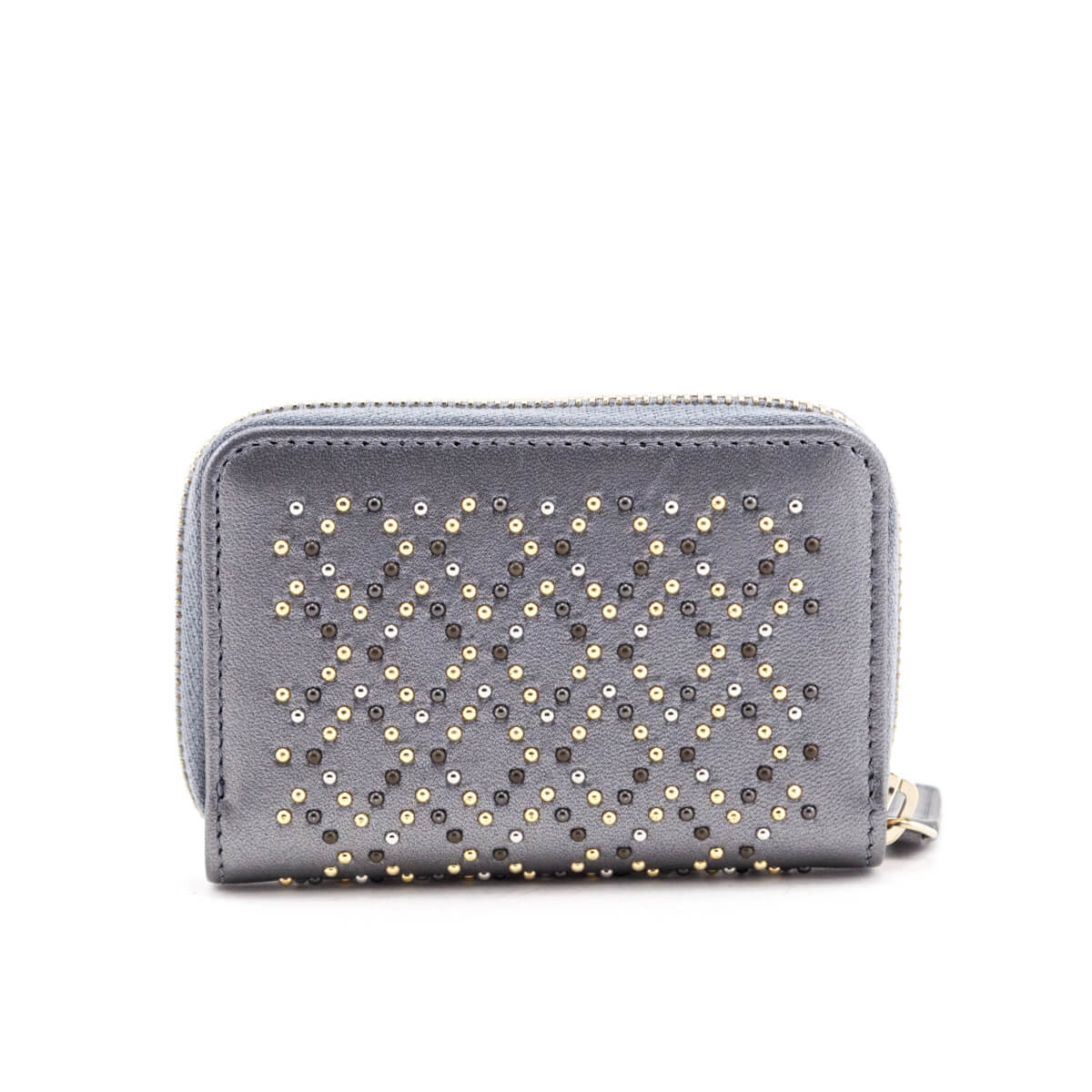 Chanel Metallic Gray Leather Studded Zip Coin Purse Wallet