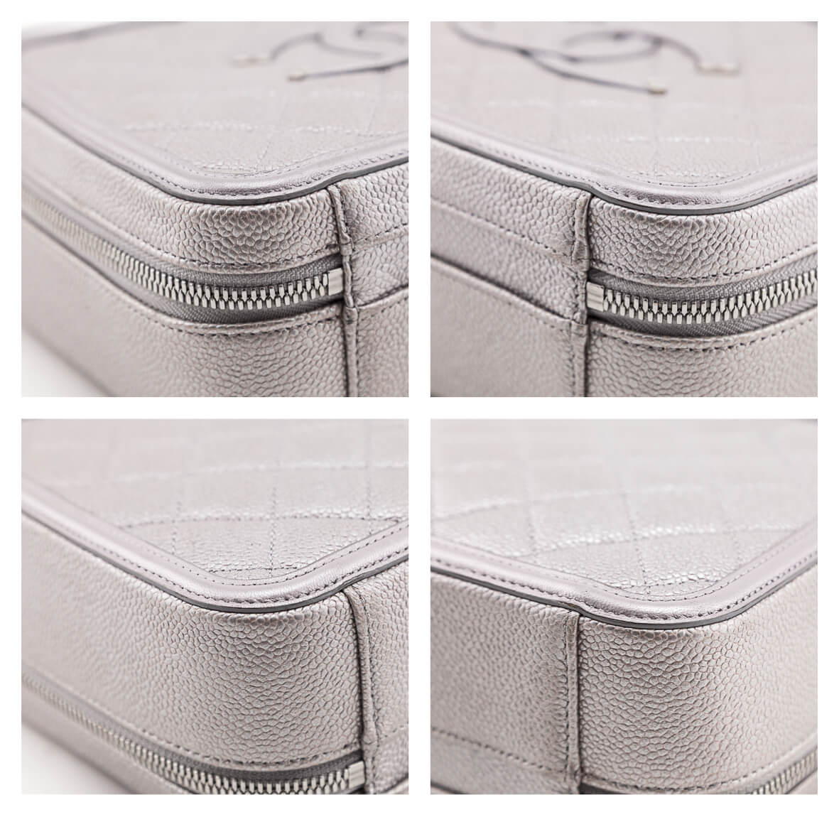 Chanel Metallic Silver Caviar Quilted Medium CC Filigree Vanity Case